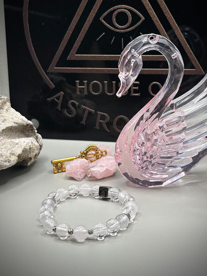Луксозна гривна от естествен Лемурийски кристал и висок клас Розов кварц ААА+ със сребърни детайли. Ръчно изработен артефакт от колекция Lemurian Bloodline на House of Astrology.