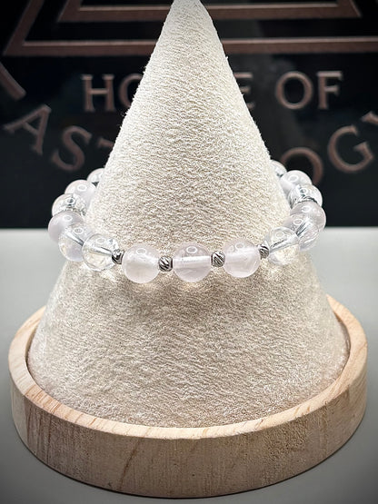 Луксозна гривна от естествен Лемурийски кристал и висок клас Розов кварц ААА+ със сребърни детайли. Ръчно изработен артефакт от колекция Lemurian Bloodline на House of Astrology.