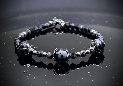 HOA Снежен обсидиан: Галактически Поток - дамска гривна с фасетиран Снежен обсидиан