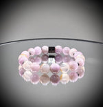 Луксозна дамска гривна от естествени камъни Кунцит и Кварц Сакура. Ръчна изработка, колекция Lemurian Bloodline от House of Astrology.