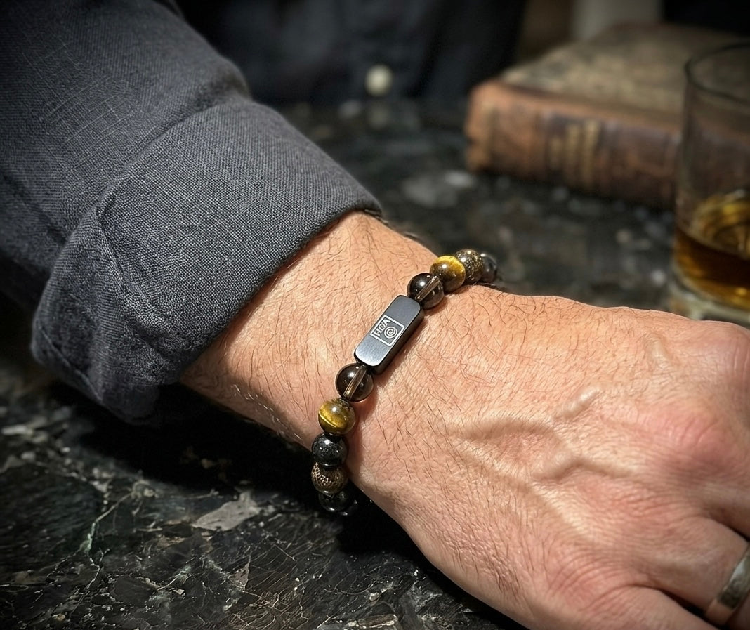 Мъжка гривна нулева чакра от естествени камъни: пейзажен яспис, оникс, шунгит и турмалин, ръчно изработена . Силно заземяващ  за стабилност, защита и вътрешна устойчивост.