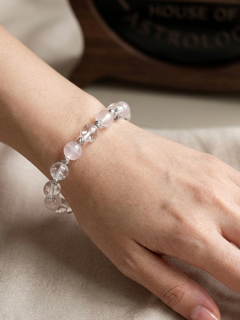 Луксозна гривна от естествен Лемурийски кристал и висок клас Розов кварц ААА+ със сребърни детайли. Ръчно изработен артефакт от колекция Lemurian Bloodline на House of Astrology.