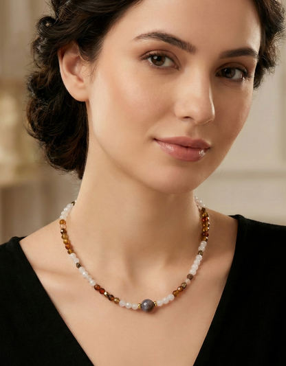 HOA Лунен камък & Ахат: Небесен Баланс - дамско колие с фасетирани Лунен камък и Ахат