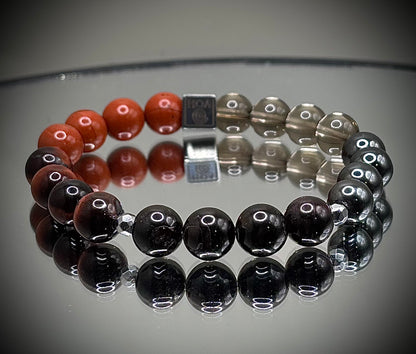 Гривна HOA „Първа Чакра“ от естествени камъни, ръчно изработена. Червен яспис, гранат и хематит в силна композиция за стабилност и сила.